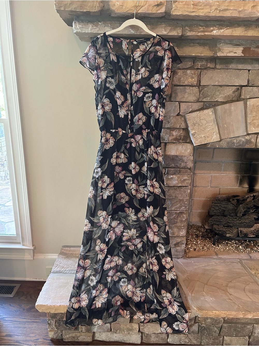 White House Black Market Floral Maxi Dress with Pink & Cream Blooms